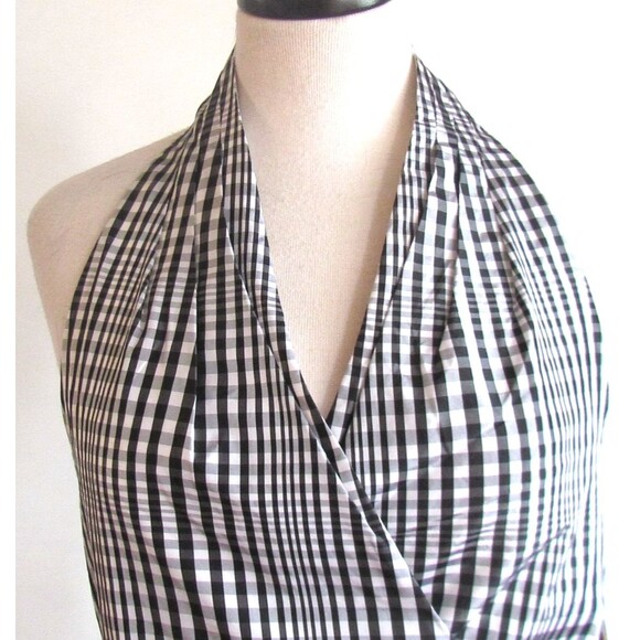 DESIGNER LAFAYETTE BLACK/WHITE GINGHAM 100% SILK WRAP HALTER BLOUSE SIZE 14.R - Picture 1 of 12